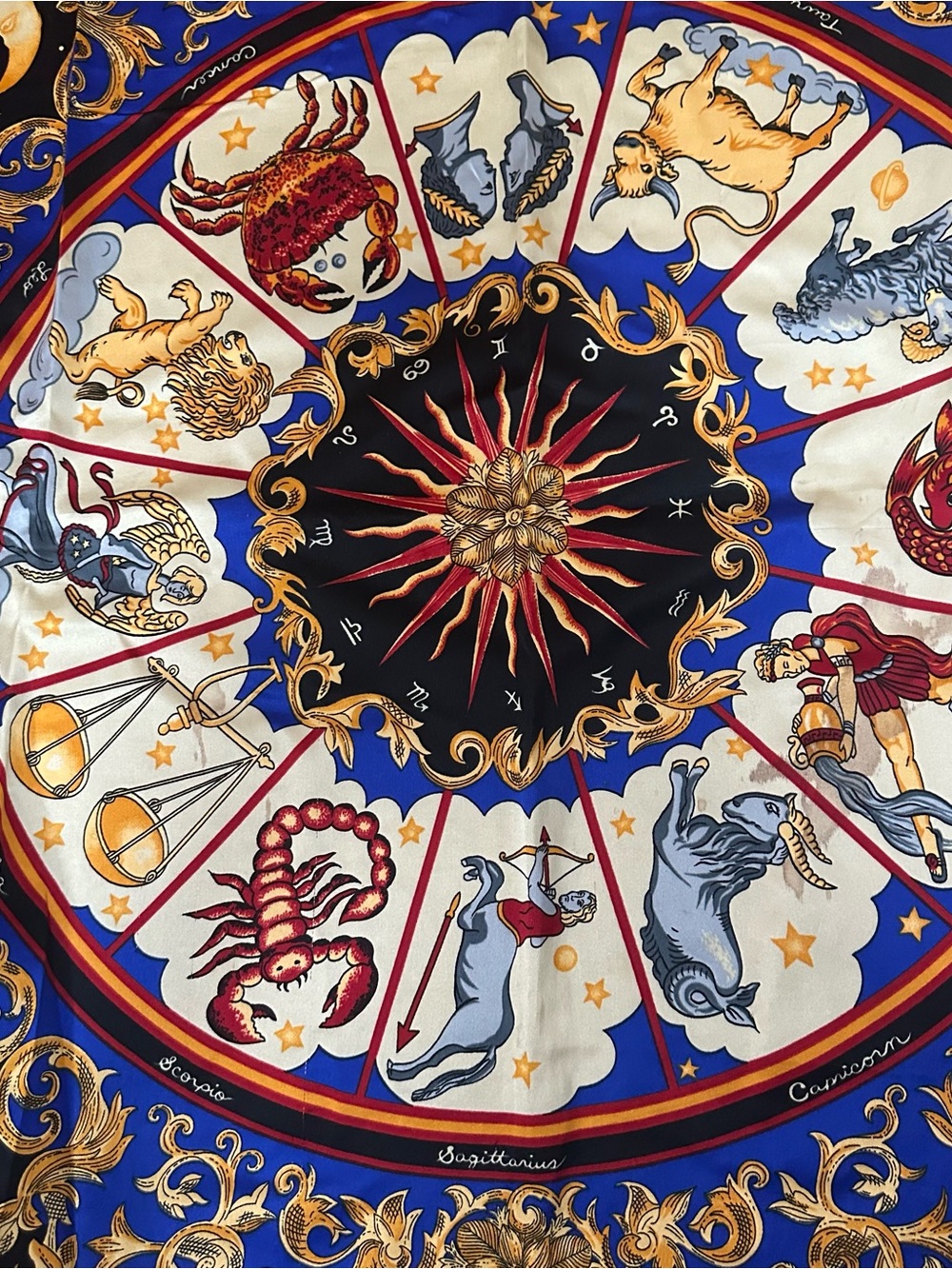 Astrological Zodiac Silk Scarf or make it a Wall Tapestry in Blue, Red and Gold